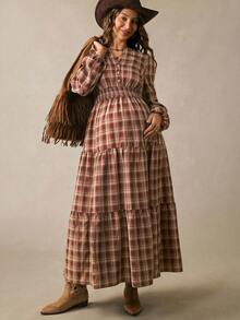 Boho Mama Plaid Pleated Casual Sexy Daily Photoshoot Maternity Dress Autumn Burgundy - Burgundy - View 9