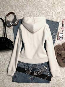 青少年女孩連帽衛衣，休閒舒適寬鬆上衣外套，休閒、針織、極簡、復古、基礎款，秋冬穿搭 - 彩色 - 查看 2