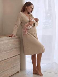 Slowluna 純色哺乳功能開衩設計孕婦裝 - 卡其色 - 查看 8