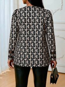 SHEIN Lady Plus Size Women's Geometric Print Long Sleeve Open Front Jacket Fall - Multicolor - View 2