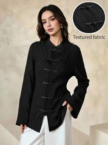 Graceveil Women's Elegant Casual Textured Fabric Frog Button Design Long Sleeve Blouse, Going Out Tops For Women, Autumn New Arrival - Black - View 4