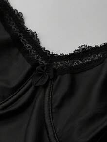 Mawevolt Wet Look Satin Lace Cutout Maxi Slip Dress - Y2K Goth Style - Black - View 6