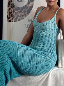 leahseptember Elegant Sexy Backless Gradient Blue Crochet Dress, Goddess Style Vacation Dress Women's Dress Bodycon Dress Long Dresses For Women High Quality Dress Luxury Dresses - Blue - View 4