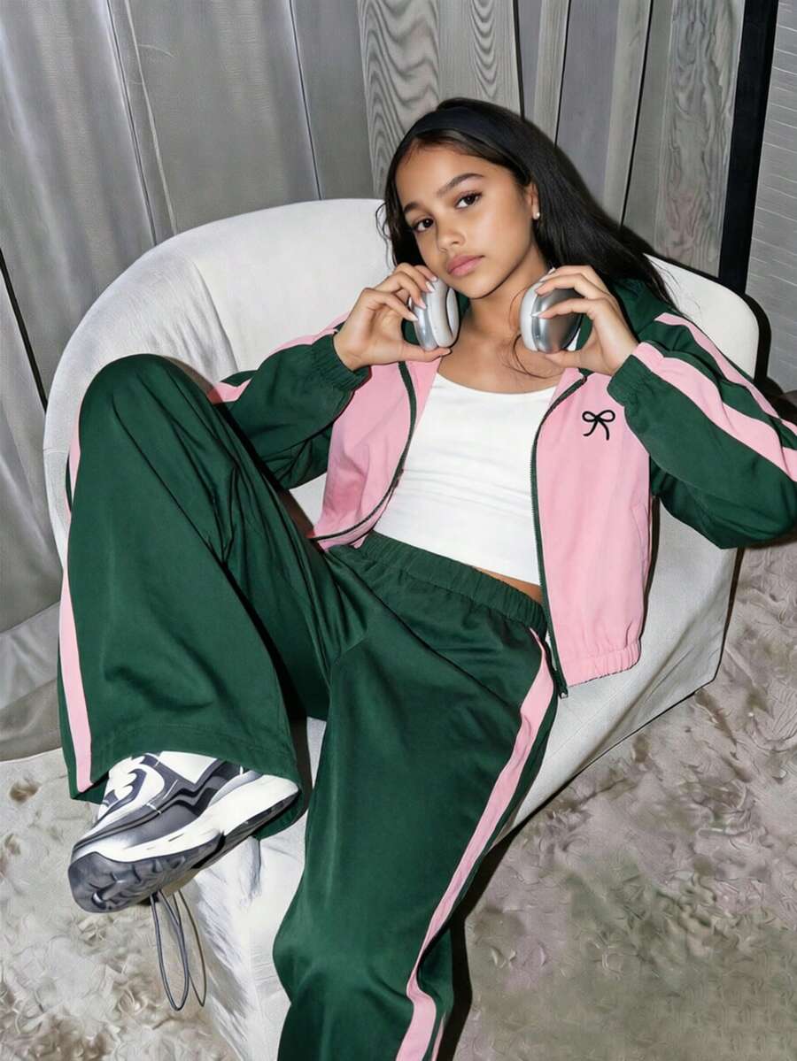SHEIN 3件組 青少年女孩休閒返校系列 酒紅色拼色連帽拉鍊短版背心 - 彩色 - 查看 1