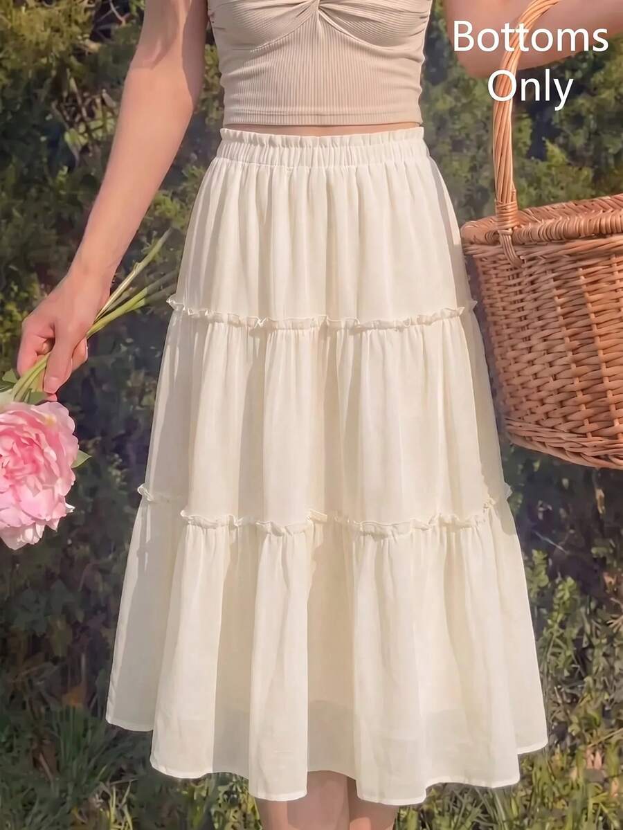 SHEIN MOD Ruffle Skirt Boho Long Skirt Break Paperbag Waist Frill Trim Ruffle Hem Skirt - Beige - View 1