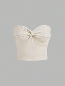 SHEIN x Marika Sila SHEIN MOD Top tubo de verano de punto acanalado con detalle de nudo adelante - Beis - Ver 5