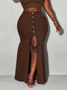 Slaydiva Plus Size Front Button Fishtail Extra Long Denim Skirt - Mocha Brown - View 2