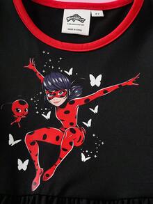 Miraculous Ladybug X SHEIN 少女極簡印花圓領短袖洋裝 - 黑色 - 查看 5
