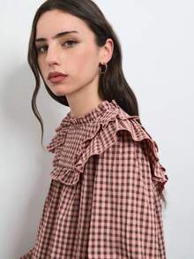 Nöista Light Brown Plaid Top Ruffles, Loose-Fitting Straight Cut, Sweet,Cute, Ruffled . Comfortable, Everyday Wear  Casual, Youthful Vibe.Fall/Winter,. - Pink - View 2