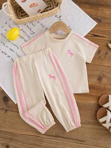 SHEIN 2件組 黑粉色夏季休閒度假運動日常刺繡女嬰套裝 - 粉色 - 查看 2