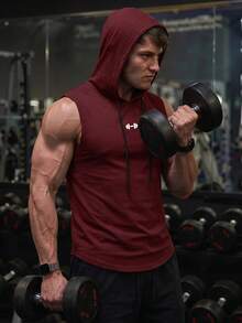 GymBeat Men's Graphic Print Hooded Neck Pocket Fashion Sports Tank Top, Gym Summer - Burgundy - View 4