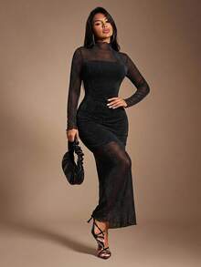 Radiana Women's Sexy Elegant Graceful Black Flocked Jacquard Mesh Dress, Long Sleeve Fitted Dress, High Neck Dress, Sheer Dress, Long Dress, Suitable For Date, Party, Cocktail, Club, Garden Afternoon Tea, Casual Outing - Black - View 2