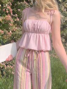 SHEIN MOD 女款粉色泡泡袖上衣，夏季細肩帶背心，適合狂歡節、情人節 - 淺粉色 - 查看 6
