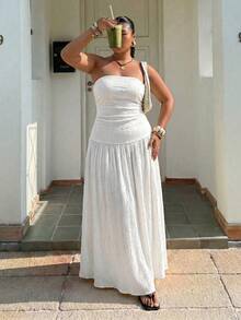Muchica Plus Size Women's Sleeveless Bandeau Waist-Cinched Ruffle Hem Dress - White - View 4