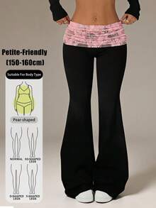 SHEIN PETITE Pantalones acampanados con cintura plegada y patchwork de encaje en color contrastante - Negro - Ver 8
