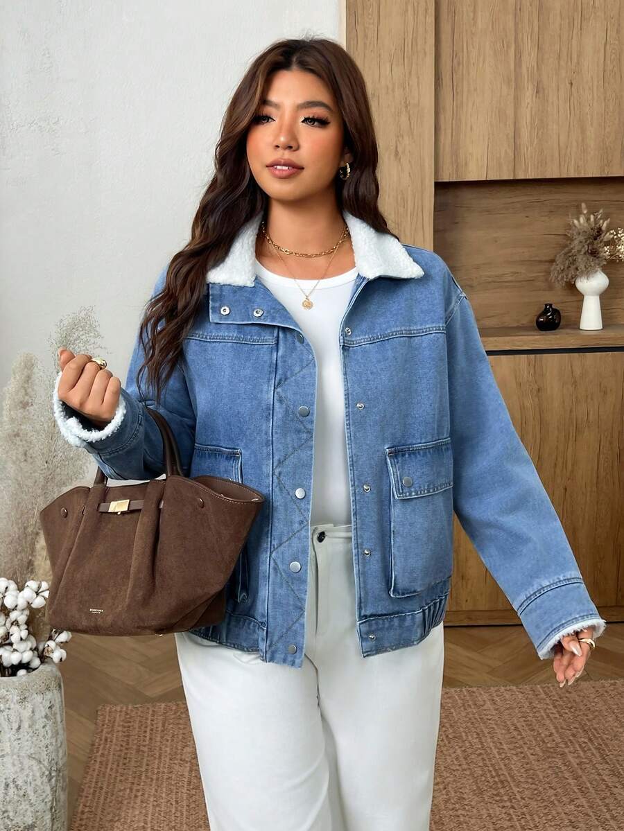 Elaquor Plus Size Women's Zipper Front Long Sleeve Turn-Down Collar Denim Jacket Warm Fur Patchwork Autumn Casual Baggy Going Out Tops Formal Blue And White