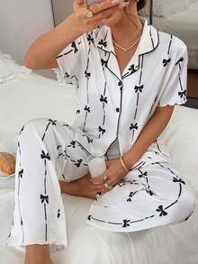 Napfluff Bow Print Lapel Short Sleeve Top And Long Pants Pajama Set - White - View 5