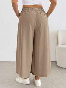 Shapeblank Plus Size Fashion Button Pocket Pleated Loose Wide Leg Pants Fall - Camel - View 2