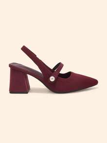 CUCCOO BASICS 時尚經典飛織透氣舒適通勤派對宴會尖頭粗高跟女鞋 Slingback 露跟高跟鞋 - 酒紅色 - 查看 3