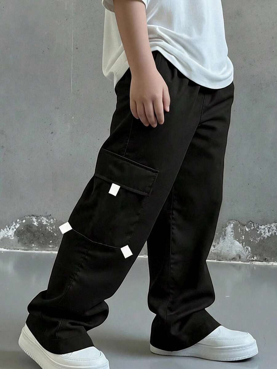 SHEIN 青少年男孩休閒寬鬆直筒梭織長褲,鬆緊腰束口運動褲,街頭風開學穿搭褲 - 黑色 - 查看 1