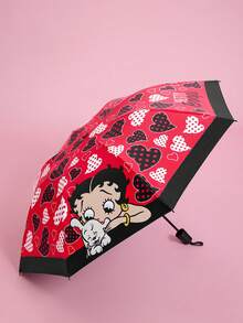 Betty Boop x SHEIN 復古美式卡通折疊傘，滿版 與愛心波點印花，折疊後口袋尺寸，遮陽防雨雙用，防風設計，適合購物與戶外旅行 - 紅黑色 - 查看 4