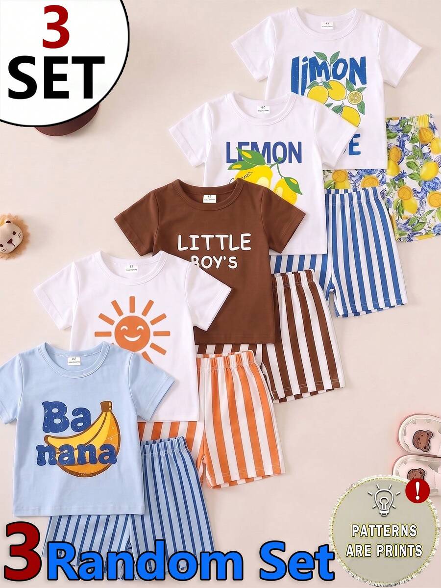 3 Random Set,Letter Print Crew Neck Short Sleeve Top And Matching Print Shorts Outfit Set For Outdoor Activities,School Clothes - Multicolor - View 1