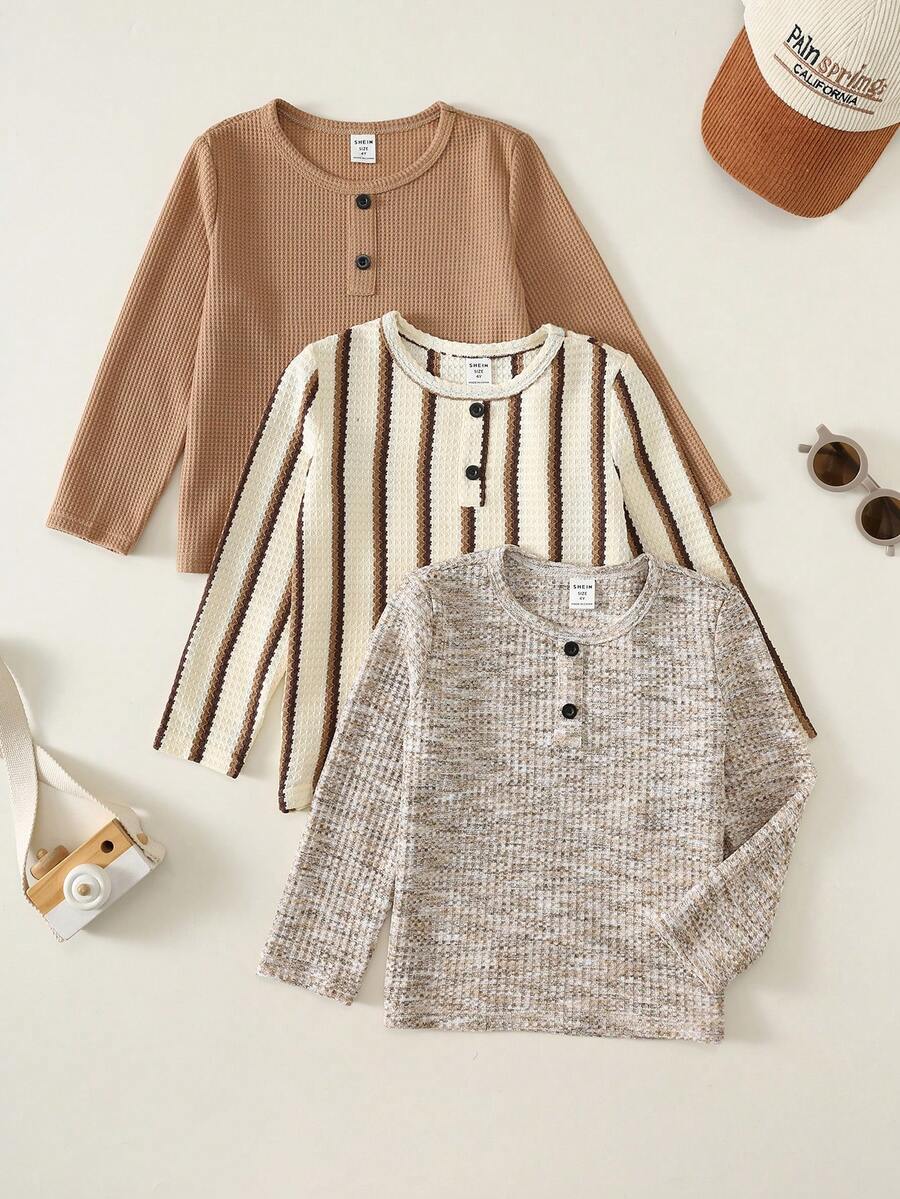 SHEIN 3件組男童秋冬針織圓領長袖套頭上衣套裝,條紋上衣、卡其色上衣,襯衫組合包,基礎T恤多件裝 - 彩色 - 查看 1