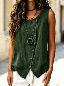 EMERY ROSE Women's Plus Size Casual Solid Color Cotton Fabric Round Neck Button Decor Sleeveless Blouse Formal Vacation Dark Green Summer - Green - View 4