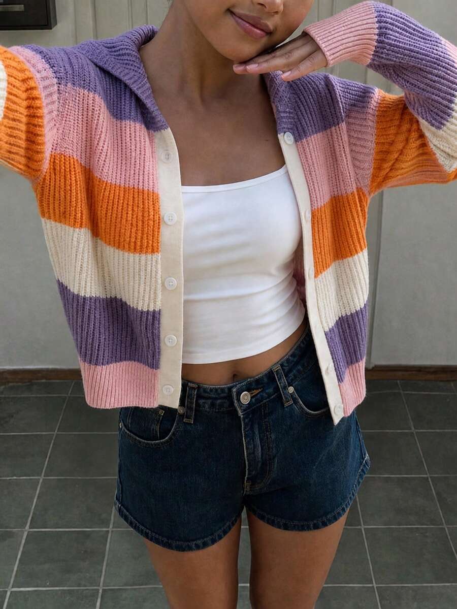 SHEIN Elladie kids 女童多巴胺馬卡龍配色時尚休閒清新短版連帽針織開襟毛衣,秋冬款 - 彩色 - 查看 1