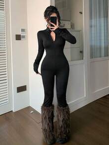 DAZY Women's Autumn Korean Style Small Stand Collar Zipper Long Sleeve Black Slim Fit Body-Hugging Casual Street Sports Jumpsuit - Black - View 8