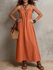 Solivie Women's Solid Color Pleated Casual Tropical Daily Summer Long Spaghetti Strap Dress Vacation Burnt Orange - Rust Brown - View 6