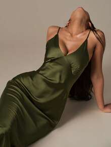 Lumalex 休闲舒适缎面吊带裙，丝滑柔软吊带睡袍娃娃裙，女士 Luxeloungewear - 綠色 - 查看 1