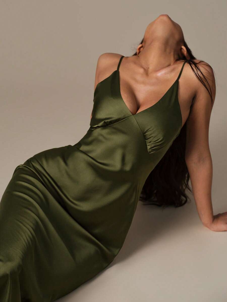 Lumalex 休闲舒适缎面吊带裙,丝滑柔软吊带睡袍娃娃裙,女士 Luxeloungewear - 綠色 - 查看 1
