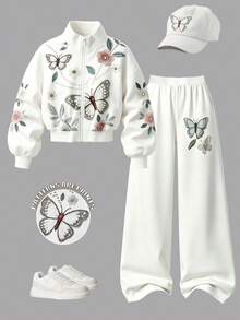 SHEIN Tween Girls 2pcs/Set Fall Set Floral Butterfly Zip Jacket Wide Leg Pants Outfit, Cute, Casual - White - View 4