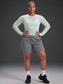 Powerista Women's Plus Size Floral Grey Fitted Zipper Pocket Sports Shorts For Gym Running Indoor Outdoor Apparel Breathable Lightweight Quick-Dry - Grey - View 5