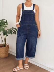 Lounesse Plus Size Dark Wash Denim Capri Overalls, Side Button Detail Cuffed Raw Hem Loose Wide Leg Cropped Jumpsuit,Summer,Fall,Halloween,Back To School,Beach - Blue - View 3