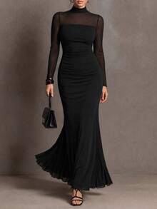 Freevana Plus Size Women's Stand Collar Mesh Patchwork Casual Daily Wear Dress Fall - Black - View 1