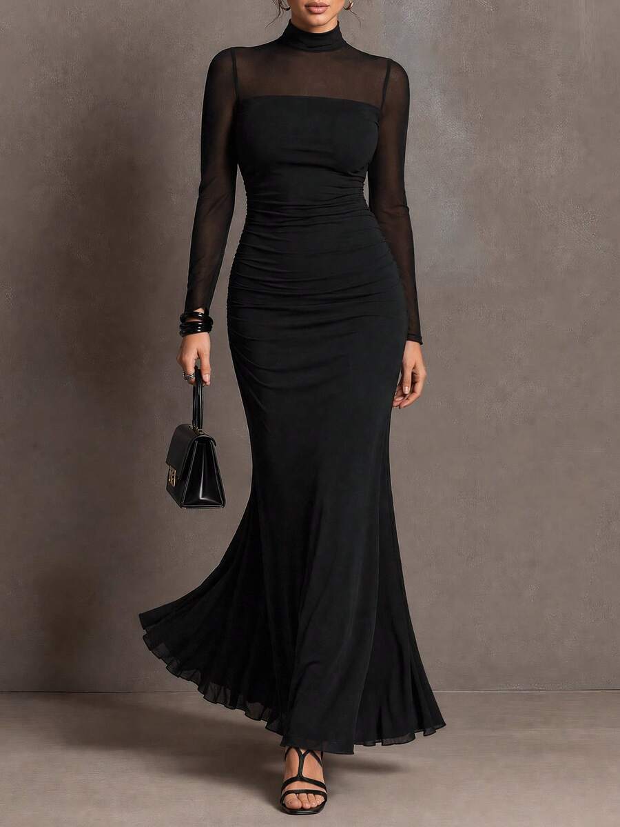 Freevana Plus Size Women's Stand Collar Mesh Patchwork Casual Daily Wear Dress Fall - Black - View 1
