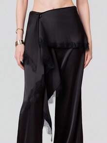SHEIN x Luisa Sonza PRISCILA ESCOTO PRISCILA ESCOTO 2026 New Arrive Minimalism Spring/Summer Women's Lace Patchwork Ruffle Hem Casual Versatile Commuting Wide Leg Wide Leg Pants Lace Trim Pants Black - Black - View 3