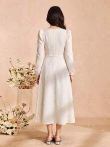 SHEIN 青少年女孩日常時尚優雅甜美純色方領泡泡袖壓紋百褶長袖彈性袖口後拉鍊長洋裝四季款 - 白色 - 查看 3