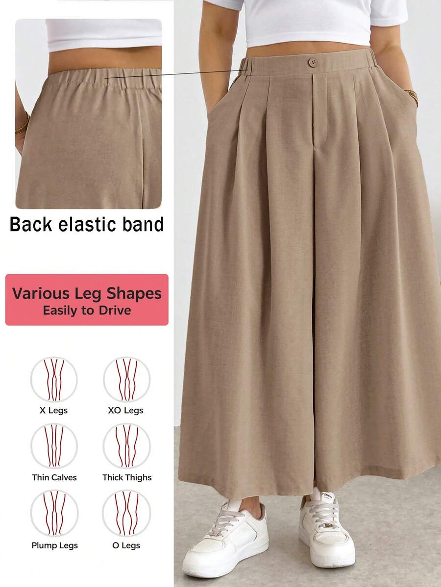 Shapeblank Plus Size Fashion Button Pocket Pleated Loose Wide Leg Pants Fall - Camel - View 1