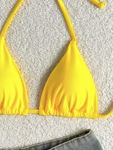 Swim Basics Summer Beach Halter Triangle Bikini Top - Yellow - View 6