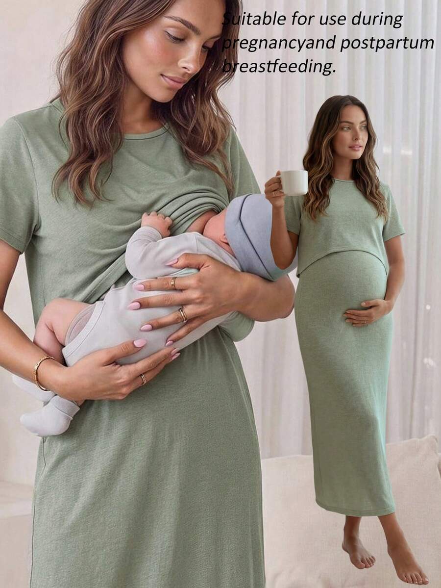 Slowluna Maternity Solid Color Nursing Function Casual Daily Wear Dress - Green - View 1