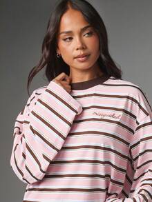 MISSGUIDED Atasan Lengan Panjang Bergaris Ukuran Besar dengan Manset Lonceng, Kerah Bulat, Logo Bordir, Gaya Musim Dingin yang Nyaman dan Panjang - MultiWarna - View 5