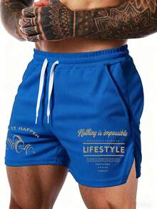 Gym Rark Men's Slogan Print Drawstring Waist Pocket Sports Shorts - Blue - View 3