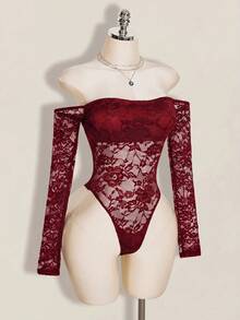 SHEIN ICON 女款蕾絲露肩性感百搭長袖連身衣 - 酒紅色 - 查看 6