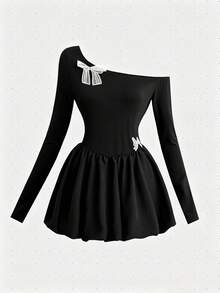 GlowEve Women's Asymmetric Neckline Short Dress With Bow Decor - Black - View 1