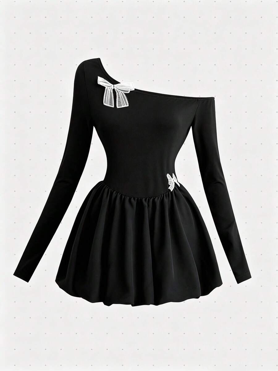 GlowEve Women's Asymmetric Neckline Short Dress With Bow Decor - Black - View 1