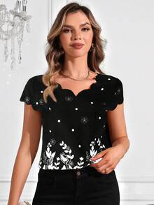 SHEIN Clasi 波浪领印花女式短袖衬衫、无袖上衣 - 黑色 - 查看 5