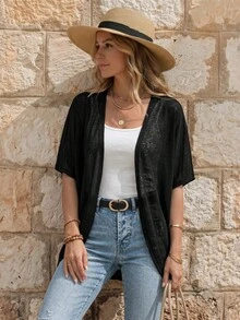 EMERY ROSE Women's Casual Solid Color Batwing Lightweight Semi-Sheer Cover-Up Jacket Fall Autumn Going Out Black Summer Open Front Jacket - Black - View 2